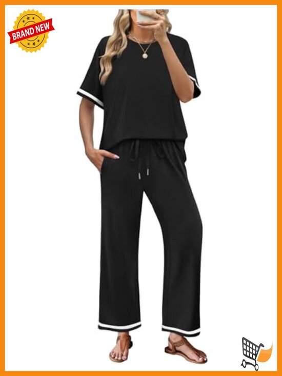 Pants - 2 Piece Lounge Set Short Sleeve Crew Neck Top Wide Leg Pants with Pockets